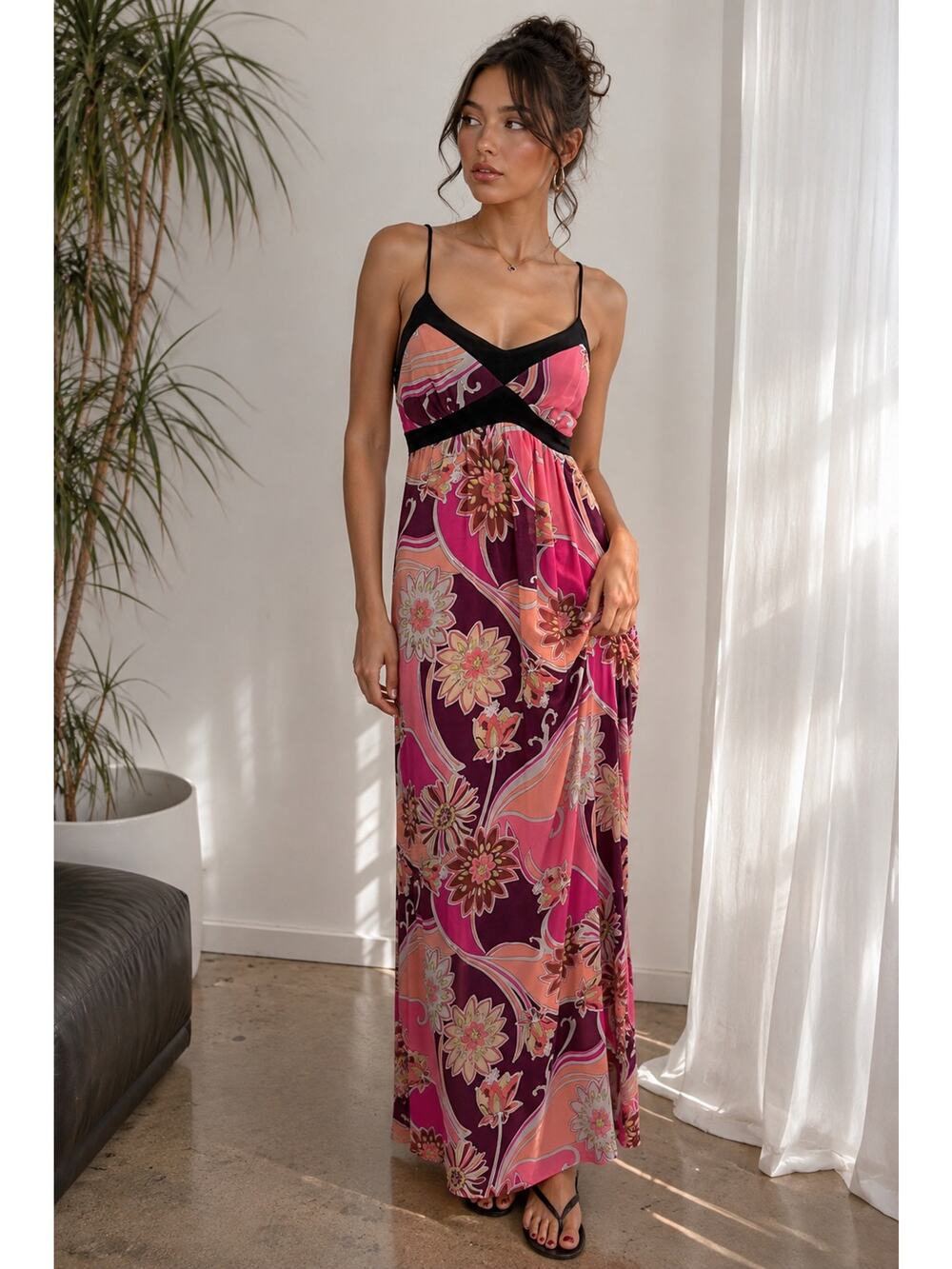 Forever 21 Y2K Boho Floral Maxi Dress Empire Waist Resort Romantic Coastal Pink